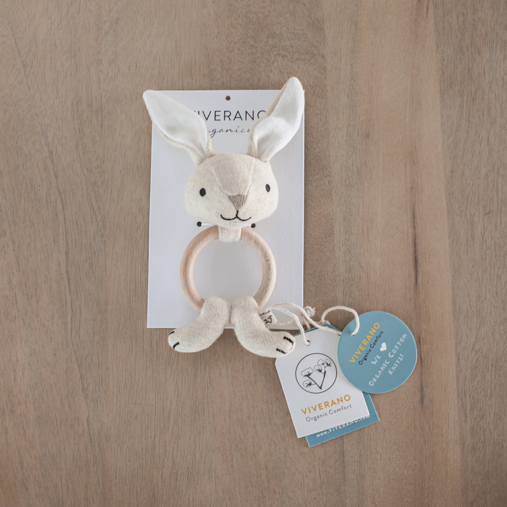 Bunny - Baby Teething Ring Rattle Toy (Organic Cotton / Wood) 