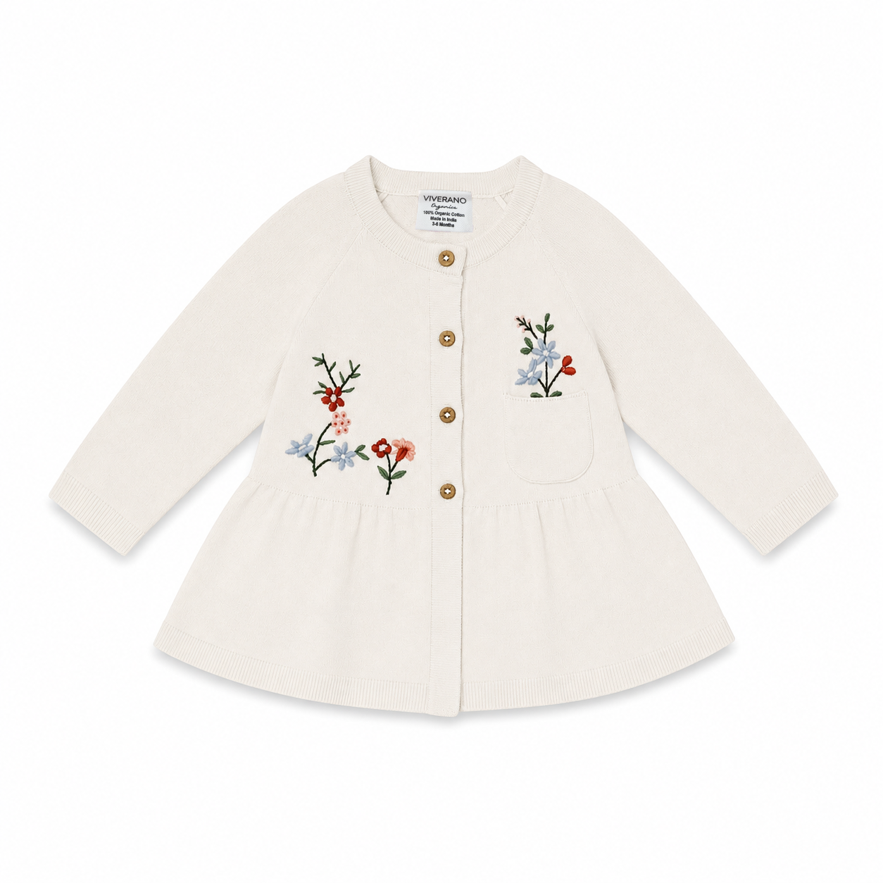 Floral Embroidered Baby Button-Front Ruffle Baby Dress (Organic)