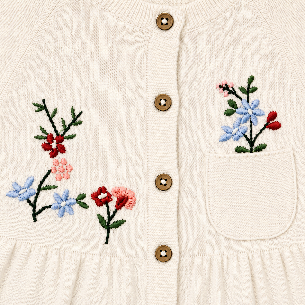 Floral Embroidered Baby Button-Front Ruffle Baby Dress (Organic)