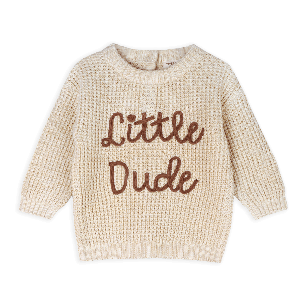 Viverano Organics baby sweater with Little Dude text in soft beige organic cotton wear