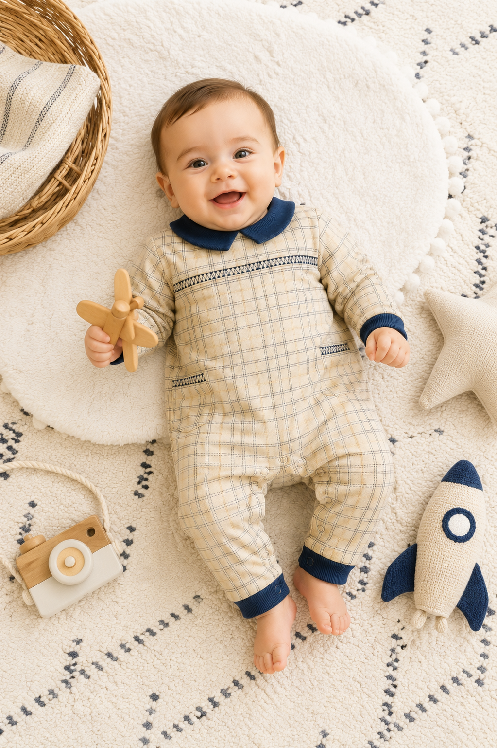 Baby Wearing Organic Embroidered Gingham Baby Jumpsuit