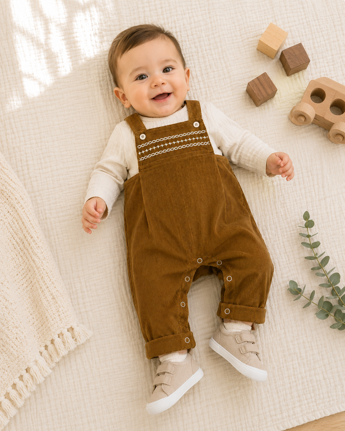 Baby Wearing Corduroy Baby Overall Set with Muslin Shirt, Organic Cotton