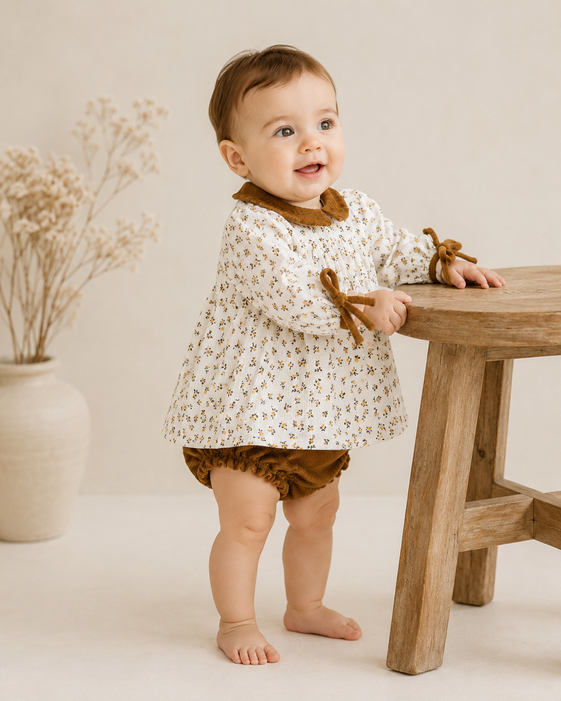Baby Wearing Floral Muslin Baby Dress and Corduroy Bloomer Set, Organic