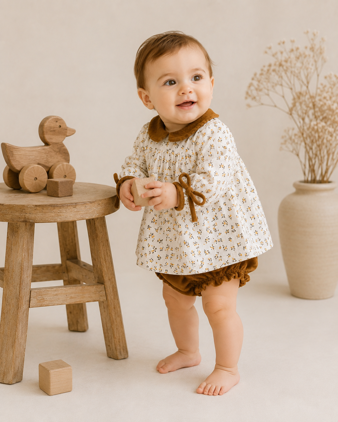 Baby Wearing Organic Floral Muslin Baby Dress and Corduroy Bloomer Set