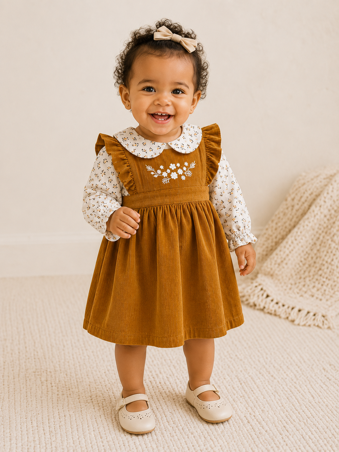 Baby Girl  Wearing Alice Corduroy Pinafore Dress and Floral Shirt Set, Organic