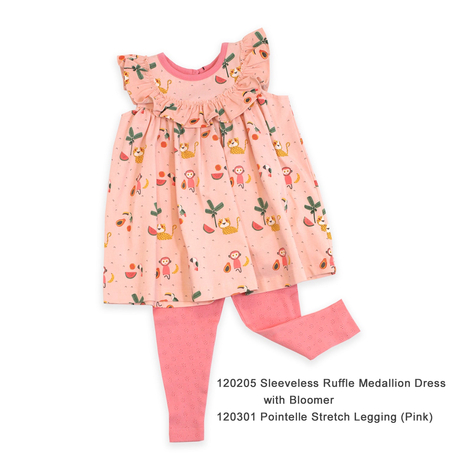 Organic Cotton Sleeveless Ruffle Medallion Baby Dress with Bloomer Set - Tropical Jungle