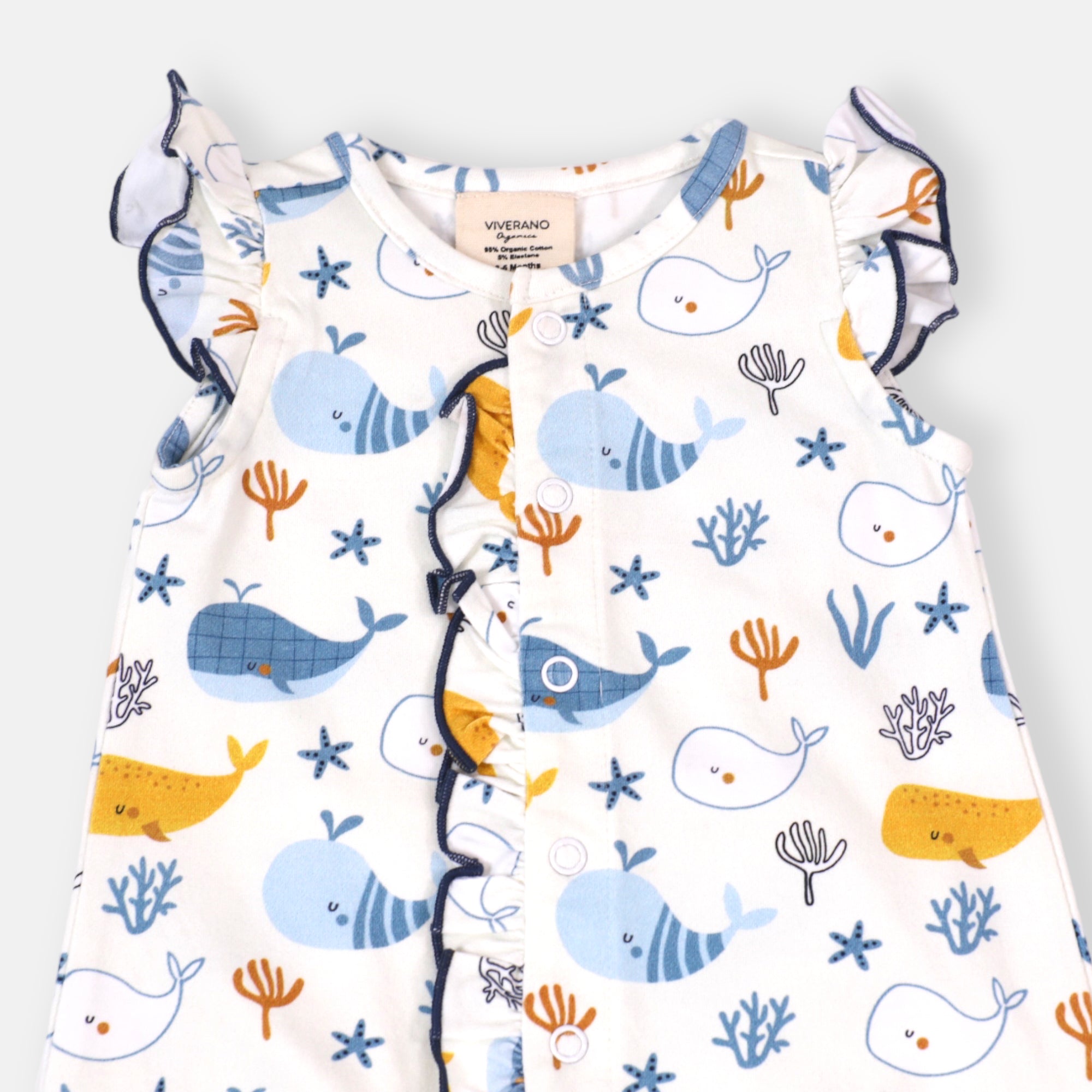 Ocean Whales Ruffle & Button Baby Romper (Organic Jersey) by Viverano