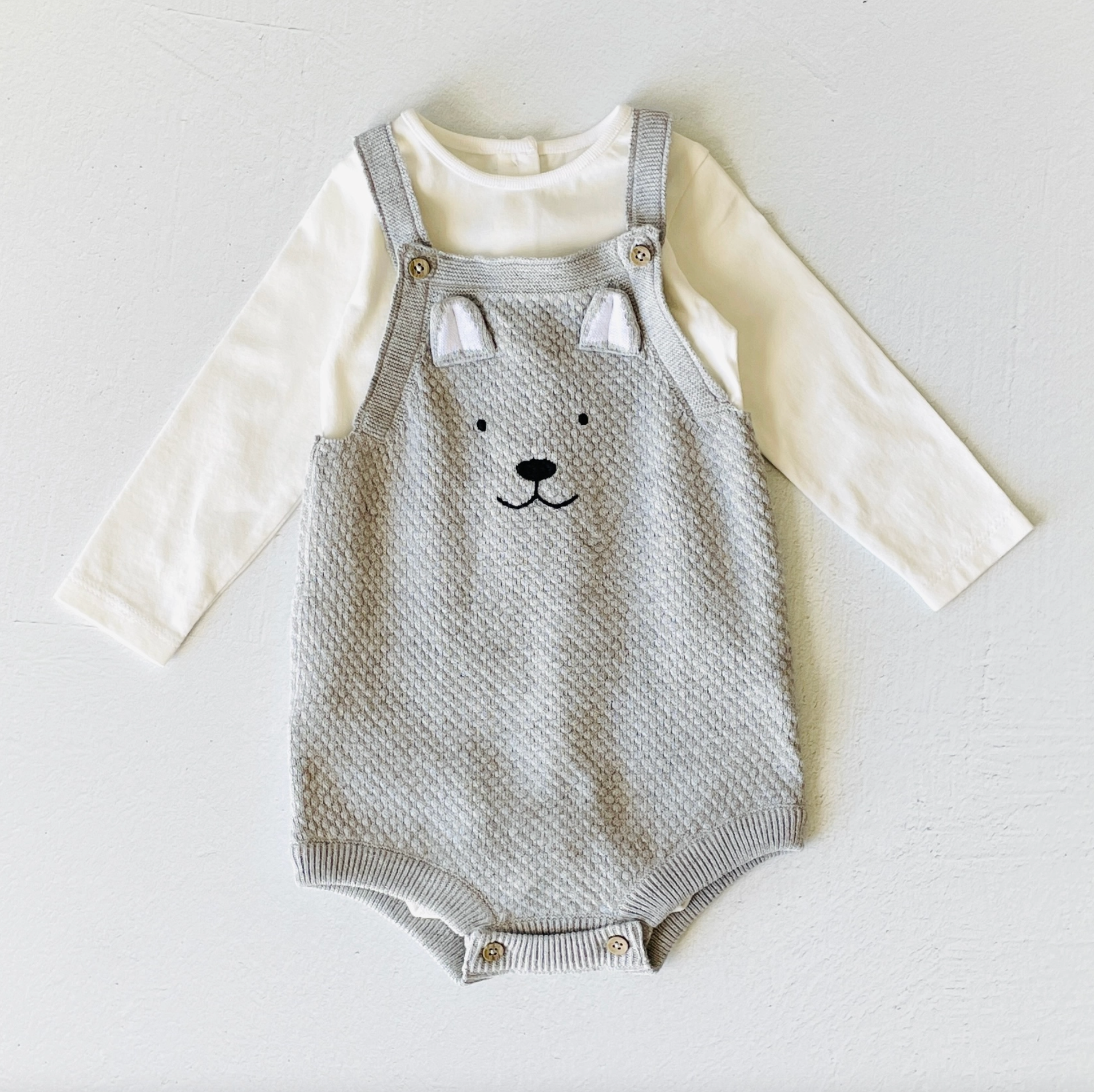 Dog Embroidered Sweater Knit Baby Overall Romper + Bodysuit Set (Organic)